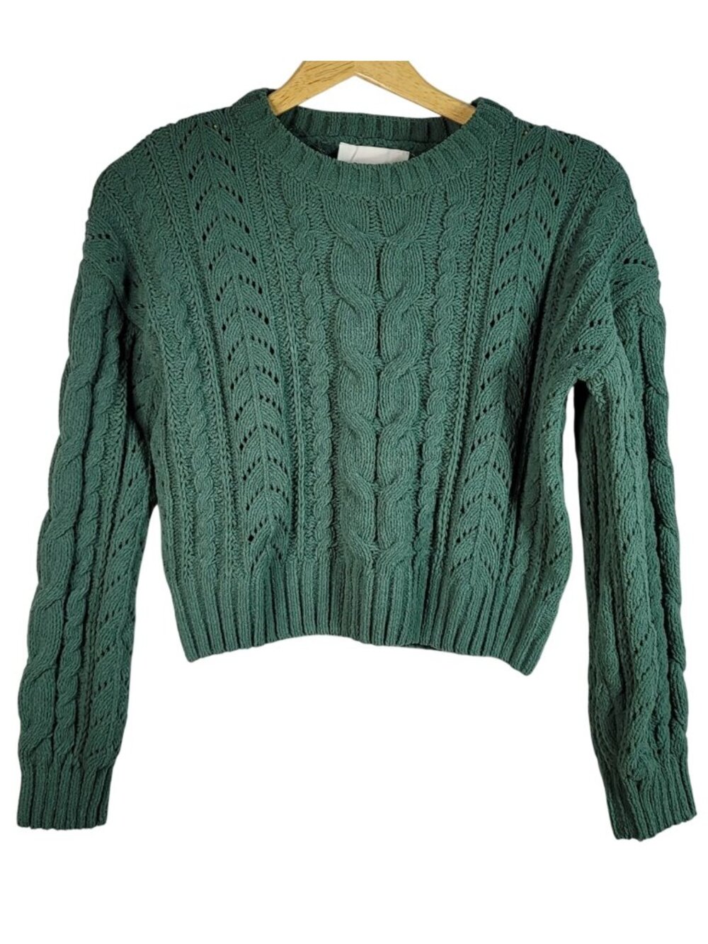 Pink Rose Chunky Cable Knit Crop Sweater Green XS Long Sleeves Pullover Ribbed
